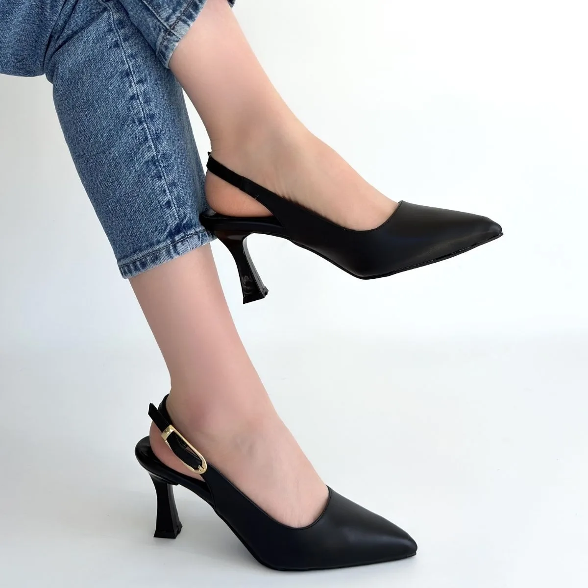 Erbilden Hies Siyah Cilt Tokalı 7.5 CM Topuklu Kadın Ayakkabı