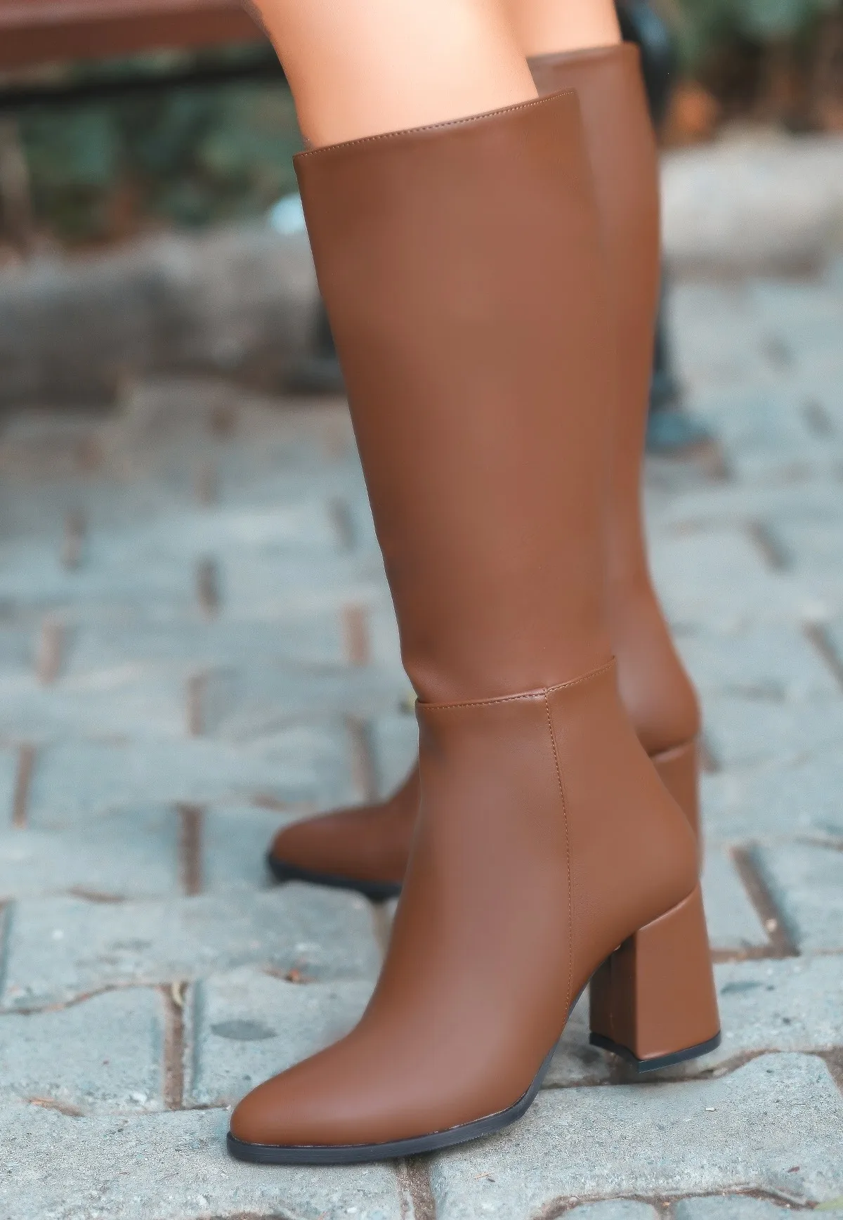 Erbilden Morena Taba Cilt Kadın Çizme 7 CM Topuk Fermuarlı