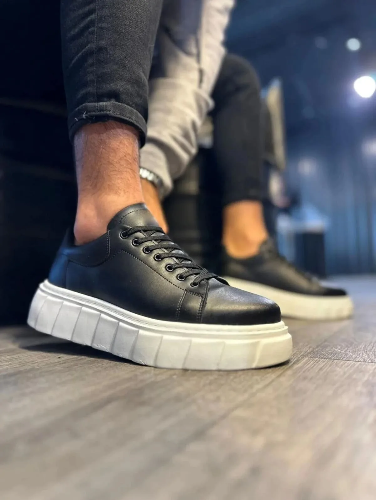Joy Ayakkabı JY144 Volt Erkek Bağcıklı Cilt Günlük Sneaker Yüksek Taban Siyah