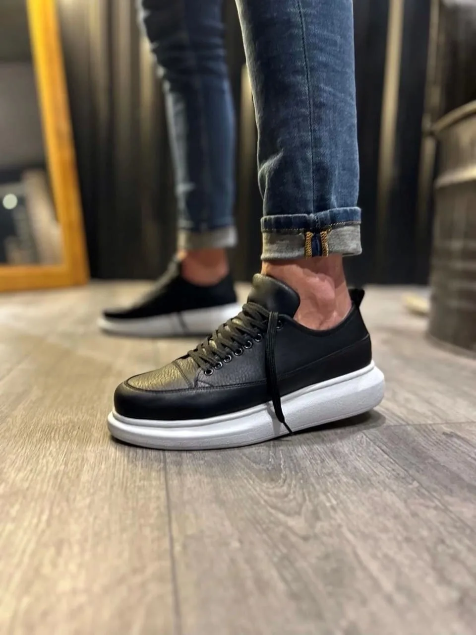 Joy Drake JY914 Bağcıklı Cilt Erkek Günlük Sneaker Ayakkabı Siyah