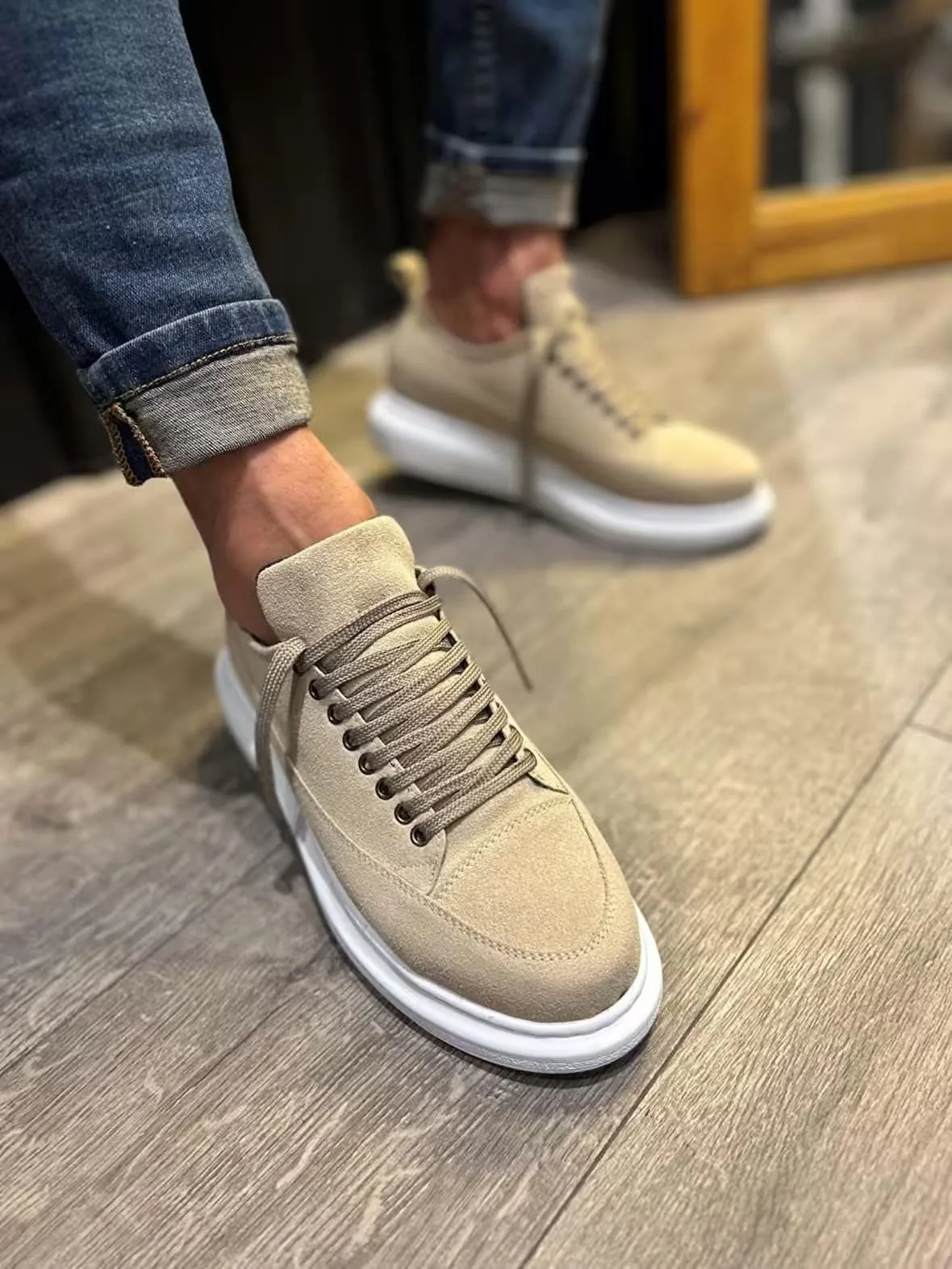 Joy Man Drake Bağcıklı Süet Erkek Sneaker Ayakkabı Krem