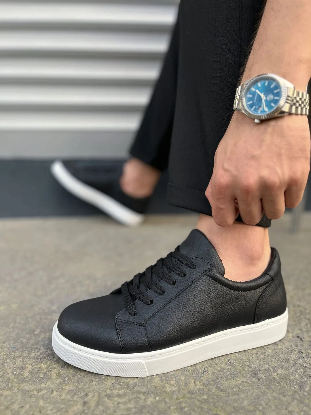 Joy Man Elite Bağcıklı Cilt Erkek Günlük Sneaker Ayakkabı Siyah-Beyaz