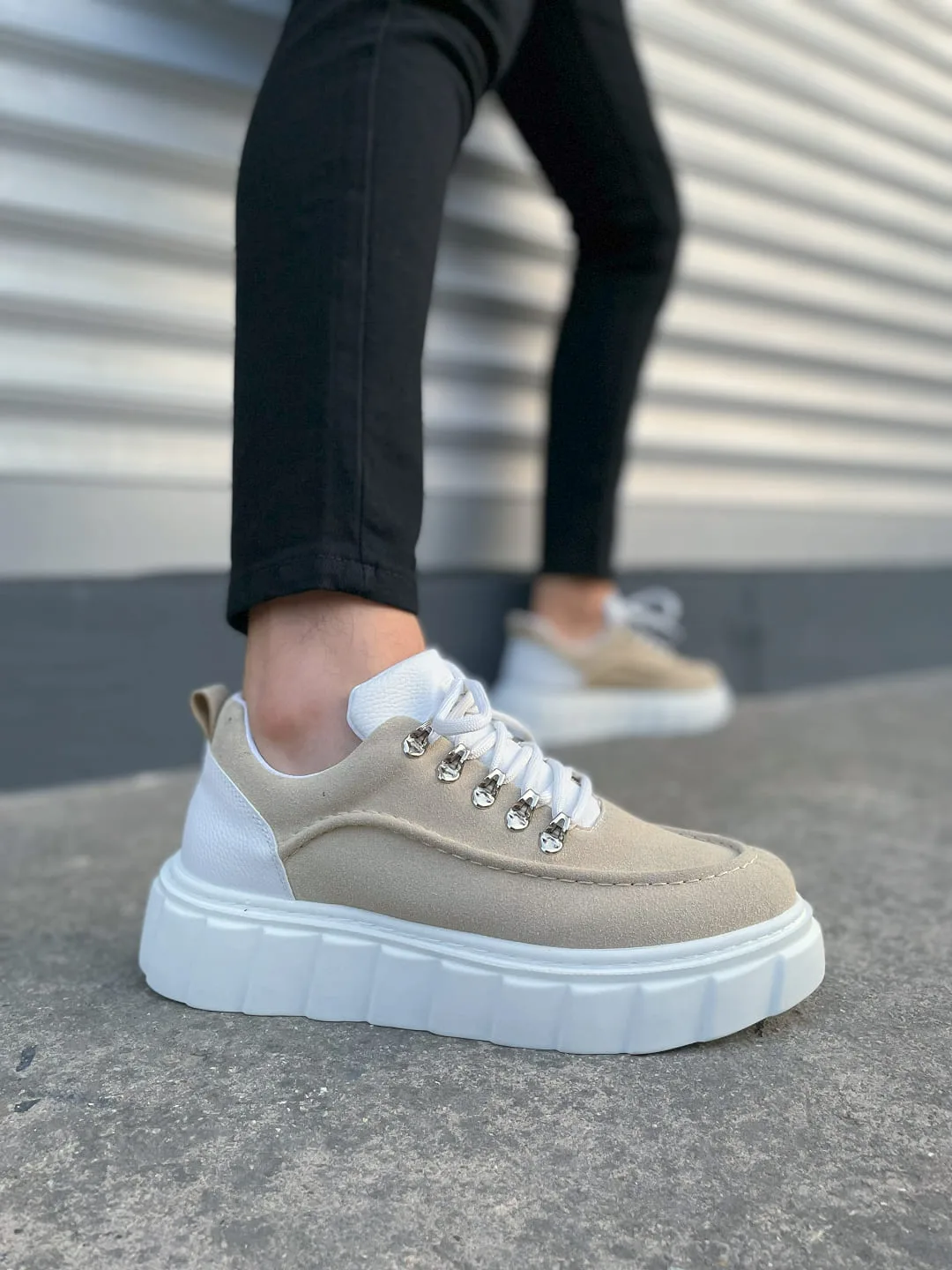 Joy Man JY010 Cloud Bağcıklı Süet Erkek Sneaker Ayakkabı Krem Beyaz
