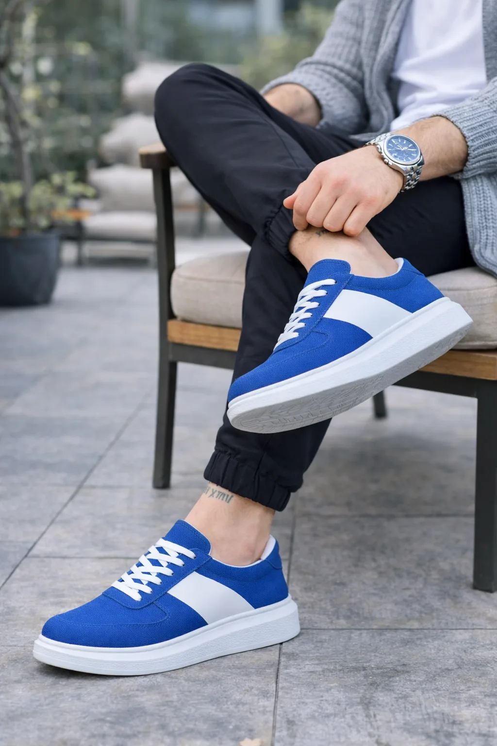 Joy Man JY011 Line Erkek Günlük Bağcıklı Süet Sneaker Ayakkabı Mavi Beyaz