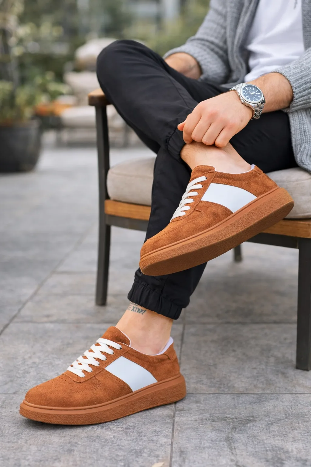 Joy Man JY011 Line Erkek Günlük Bağcıklı Süet Sneaker Ayakkabı Taba Beyaz
