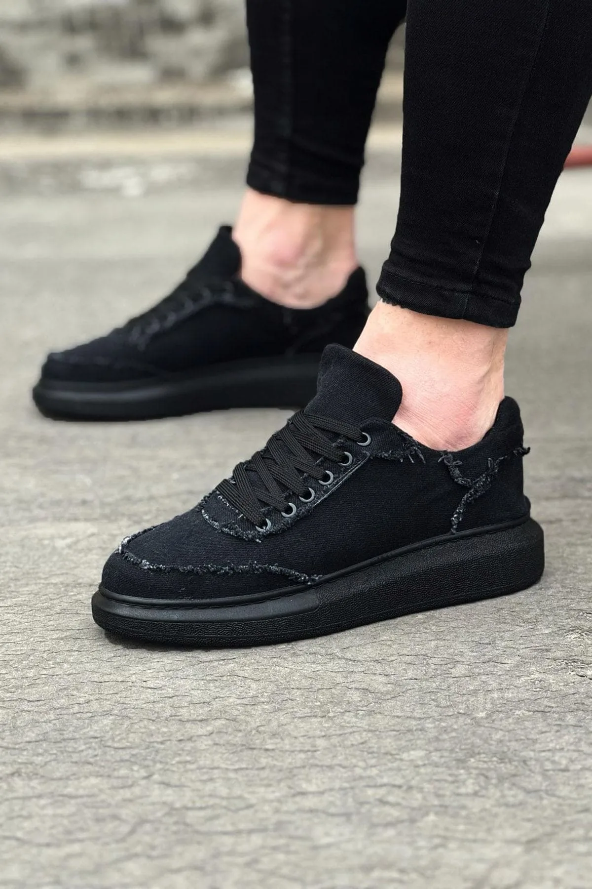 Joy Man JY018 Dexo Erkek Günlük Bağcıklı Kot Kumaş Sneaker Ayakkabı Siyah