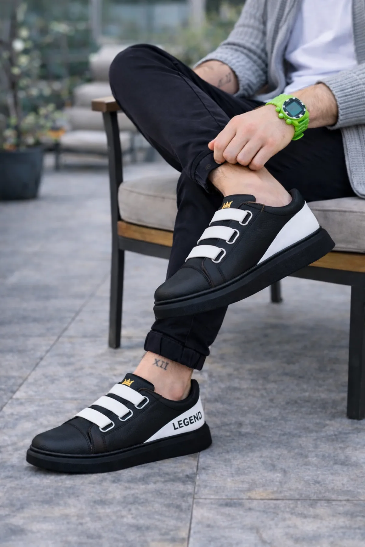 Joy Man JY029 Mono Bağcıksız 3 Bantlı Cilt Erkek Günlük Sneaker Siyah Beyaz