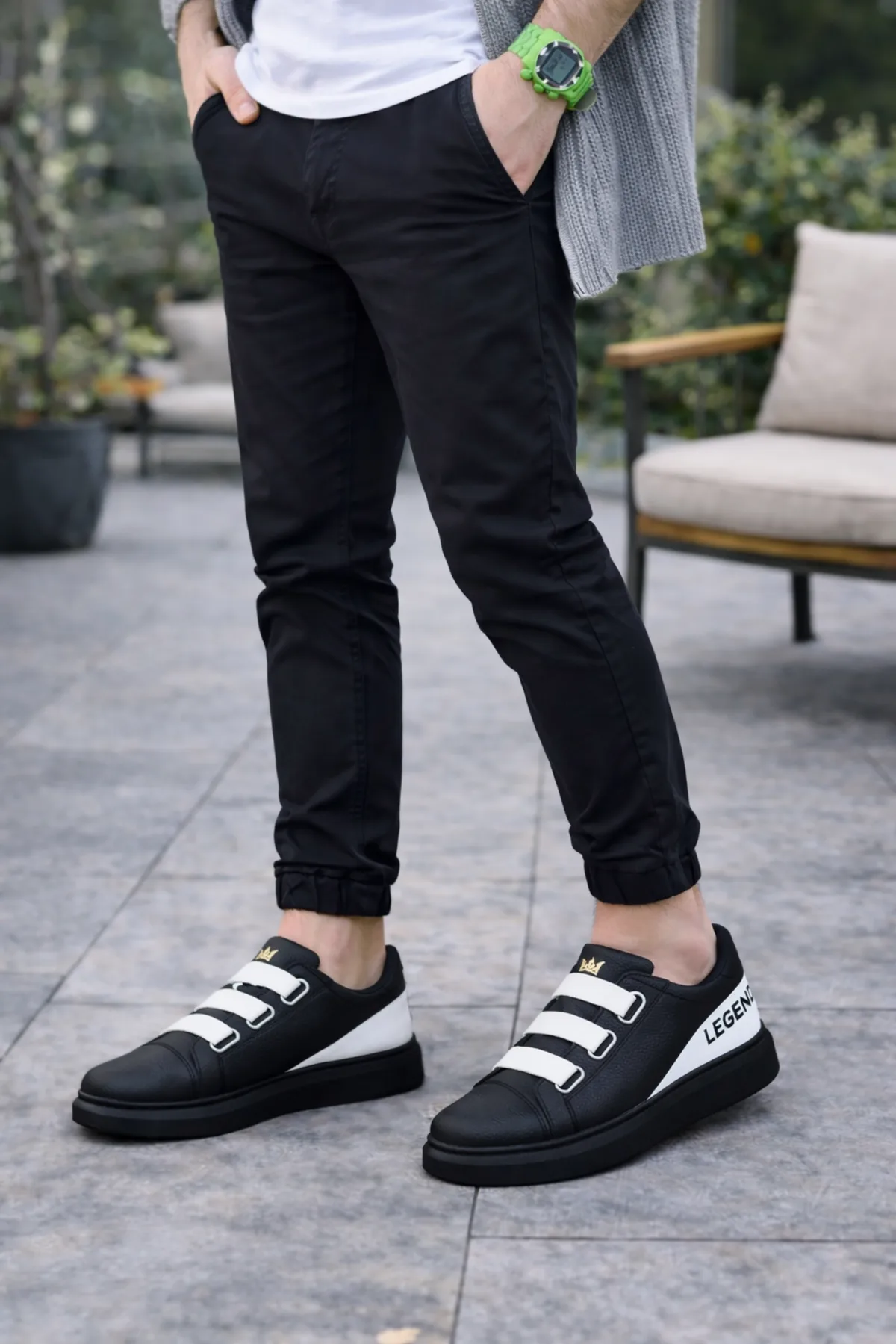 Joy Man JY029 Mono Bağcıksız 3 Bantlı Cilt Erkek Günlük Sneaker Siyah Beyaz