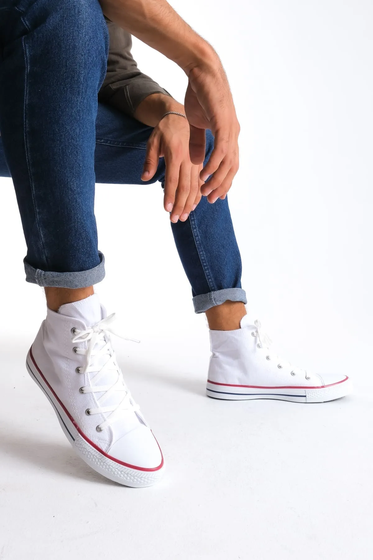Joy Man JY0423 AXE Bağcıklı Keten Erkek Yüksek Sneaker Ayakkabı Beyaz