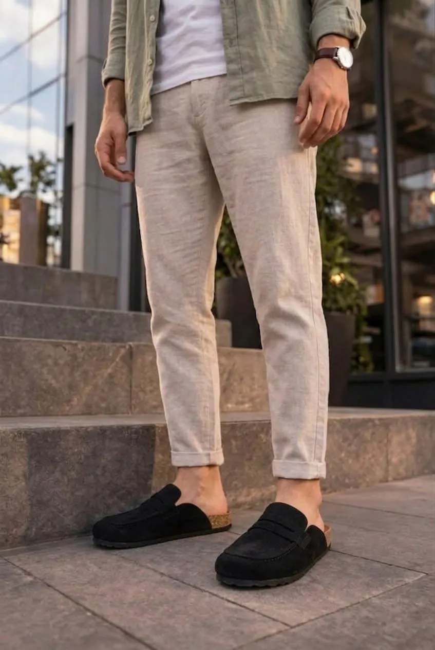 Joy Man JY0456 Rayn Bağcıksız Hakiki Süet Deri Mantar Taban Erkek Loafer Siyah