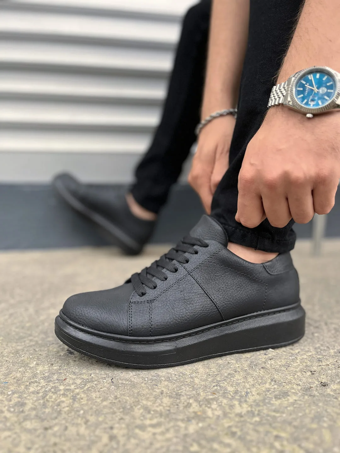 Joy Man JY151 Boost Bağcıklı Cilt Erkek Günlük Sneaker Ayakkabı Siyah