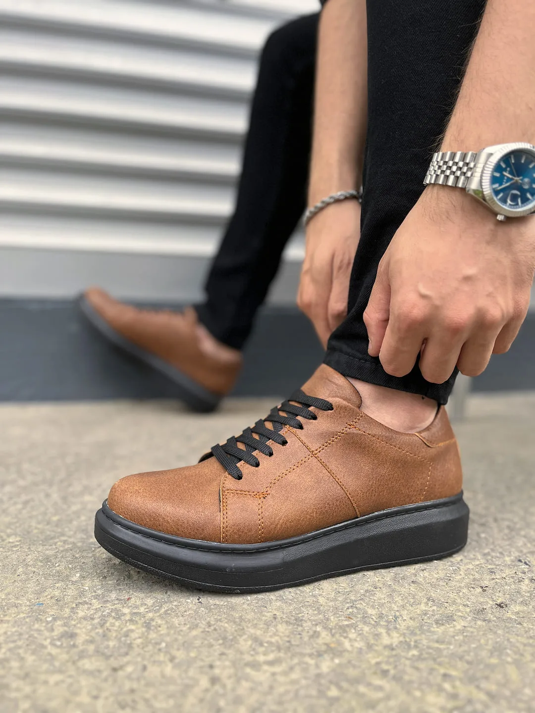Joy Man JY151 Boost Bağcıklı Cilt Erkek Günlük Sneaker Ayakkabı Taba