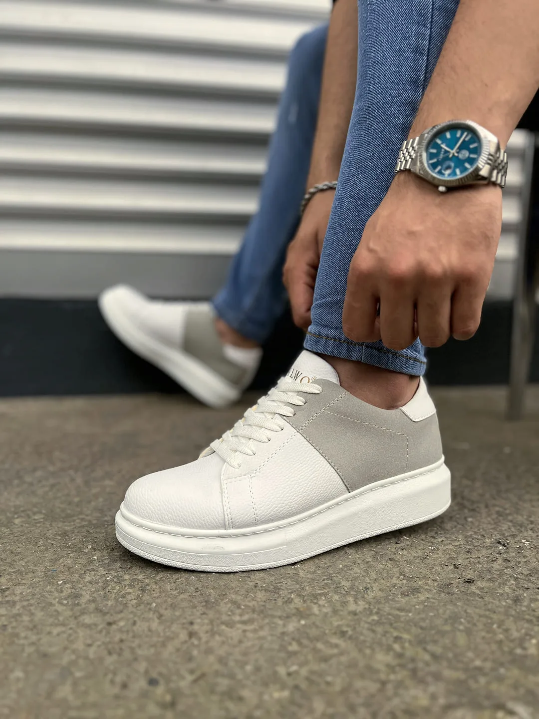 Joy Man JY151 Boost Bağcıklı Cilt Süet Erkek Sneaker Ayakkabı Beyaz Gri