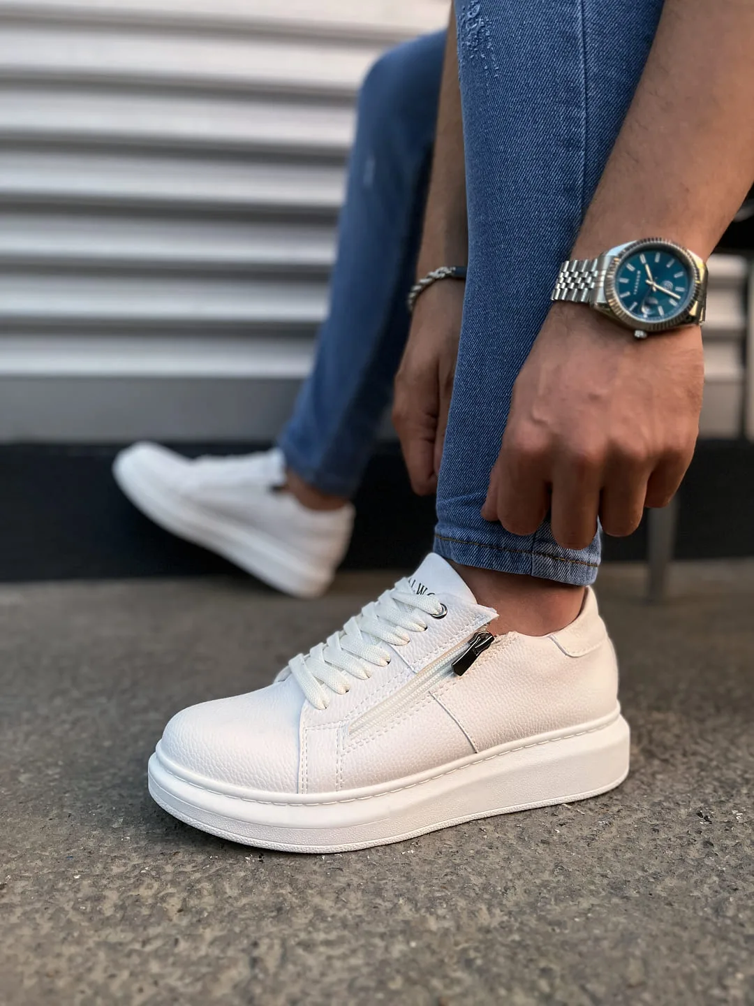 Joy Man JY155 Warrior Bağcıklı Fermuarlı Cilt Erkek Günlük Sneaker Ayakkabı Beyaz