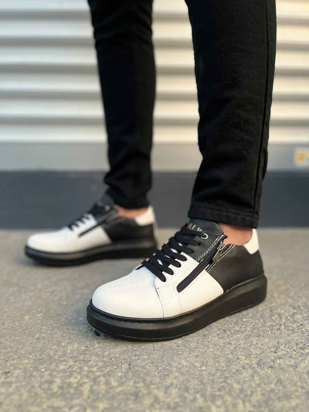 Joy Man JY155 Warrior Bağcıklı Fermuarlı Cilt Erkek Günlük Sneaker Siyah Beyaz