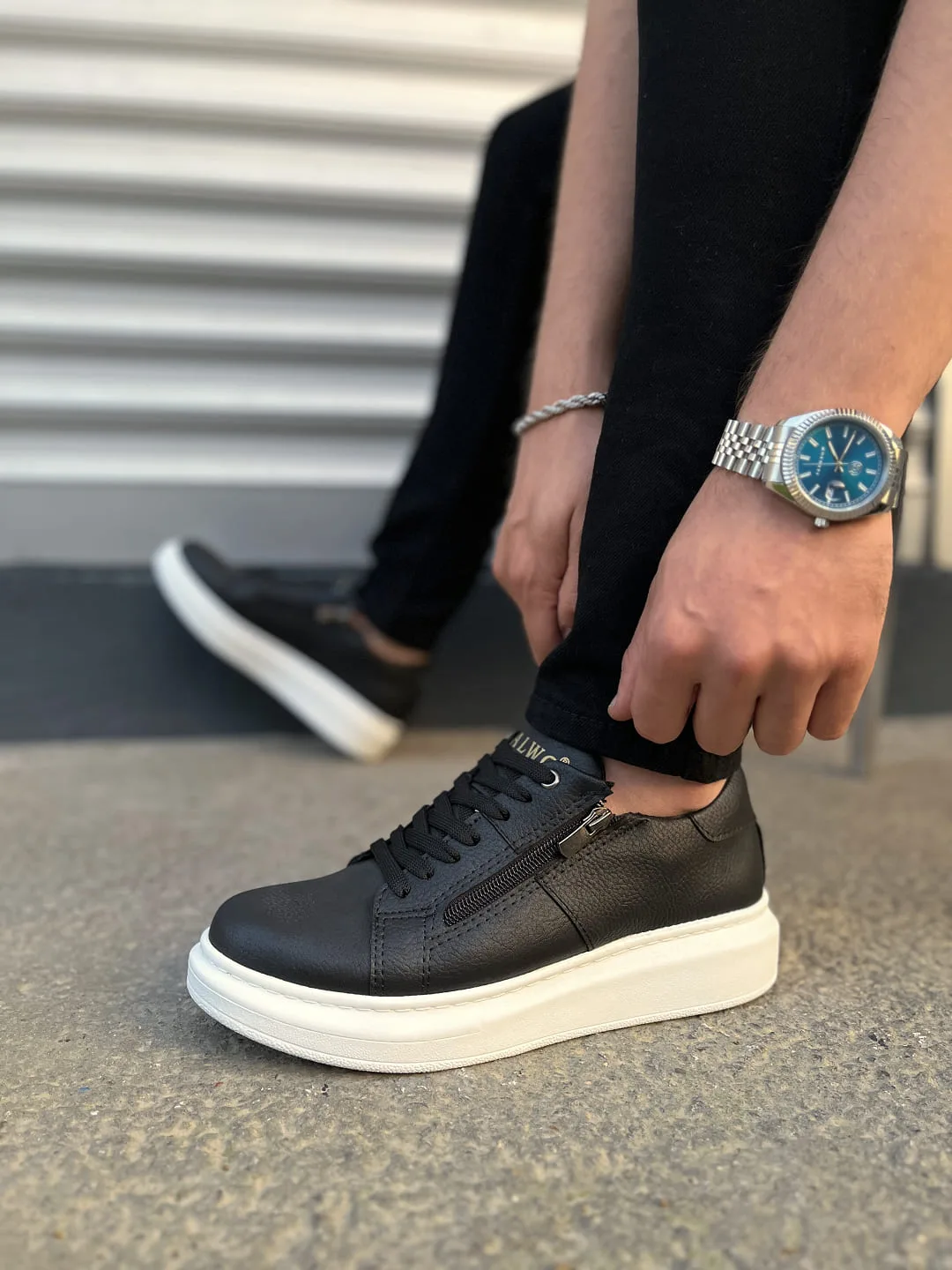 Joy Man JY155 Warrior Bağcıklı Fermuarlı Cilt Erkek Sneaker Ayakkabı Siyah