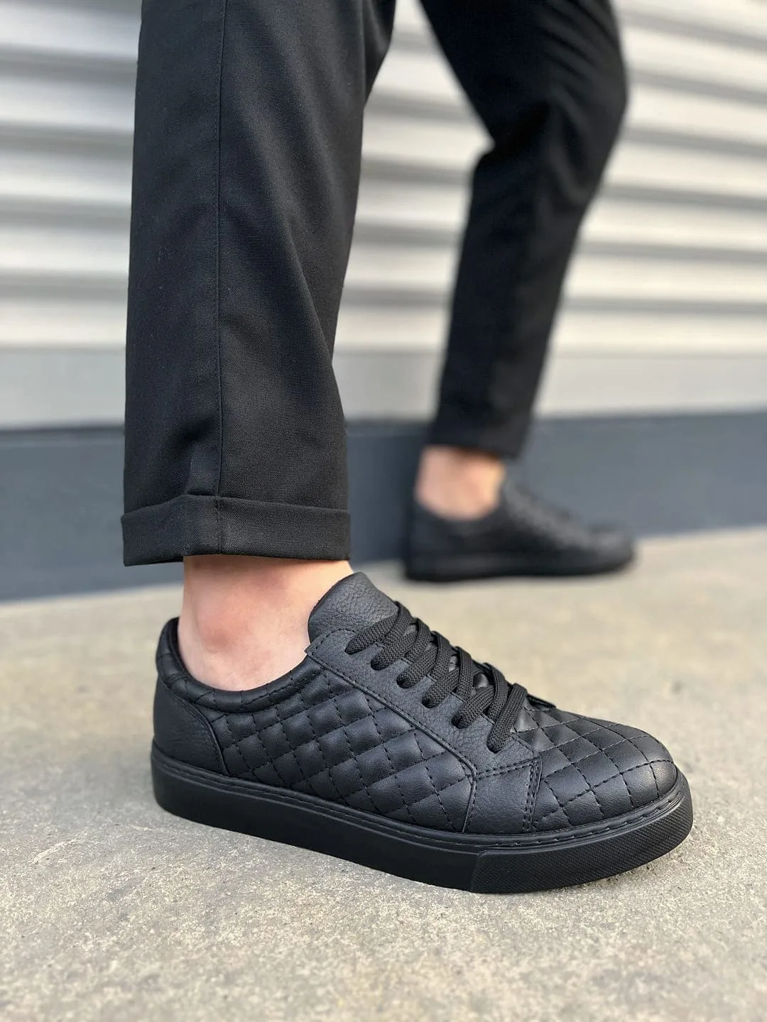 Joy Man JY166 Prestige Bağcıklı Cilt Kapitone Desenli Erkek Günlük Sneaker Siyah