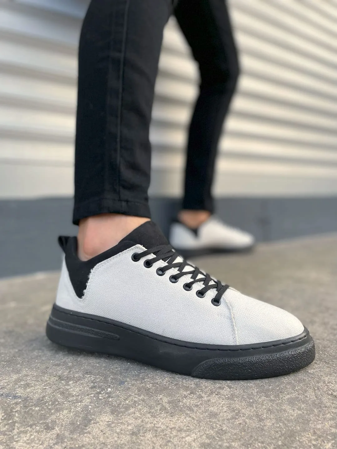 Joy Man JY204 Flex Bağcıklı Keten Kumaş Erkek Günlük Sneaker Ayakkabı Beyaz Siyah