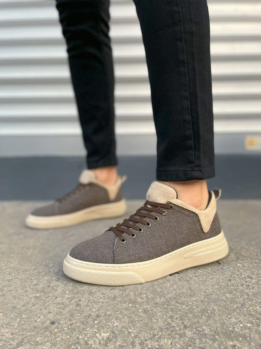 Joy Man JY204 Flex Bağcıklı Keten Kumaş Erkek Günlük Sneaker Ayakkabı Kahverengi Krem