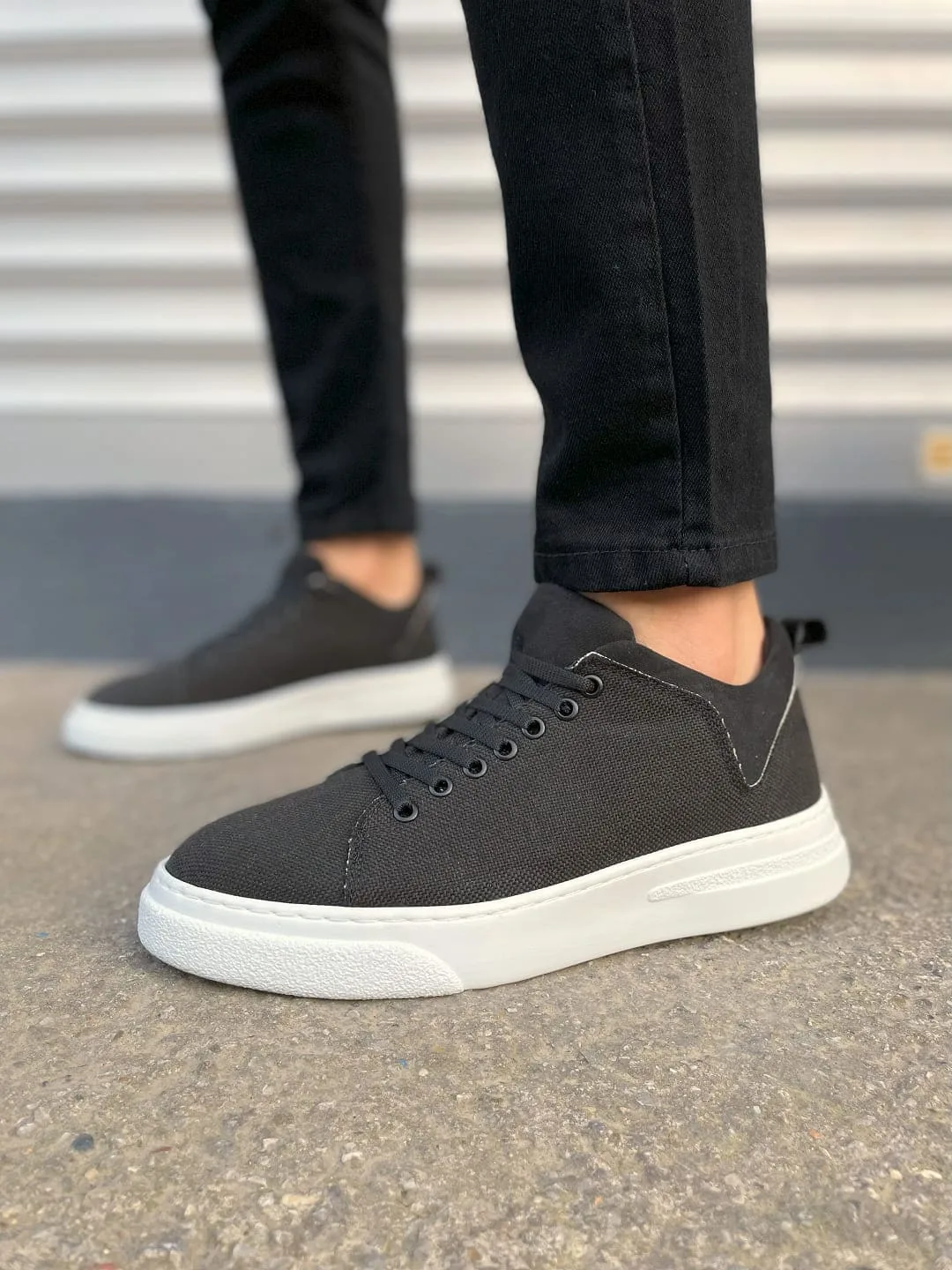 Joy Man JY204 Flex Bağcıklı Keten Kumaş Erkek Günlük Sneaker Siyah-Beyaz