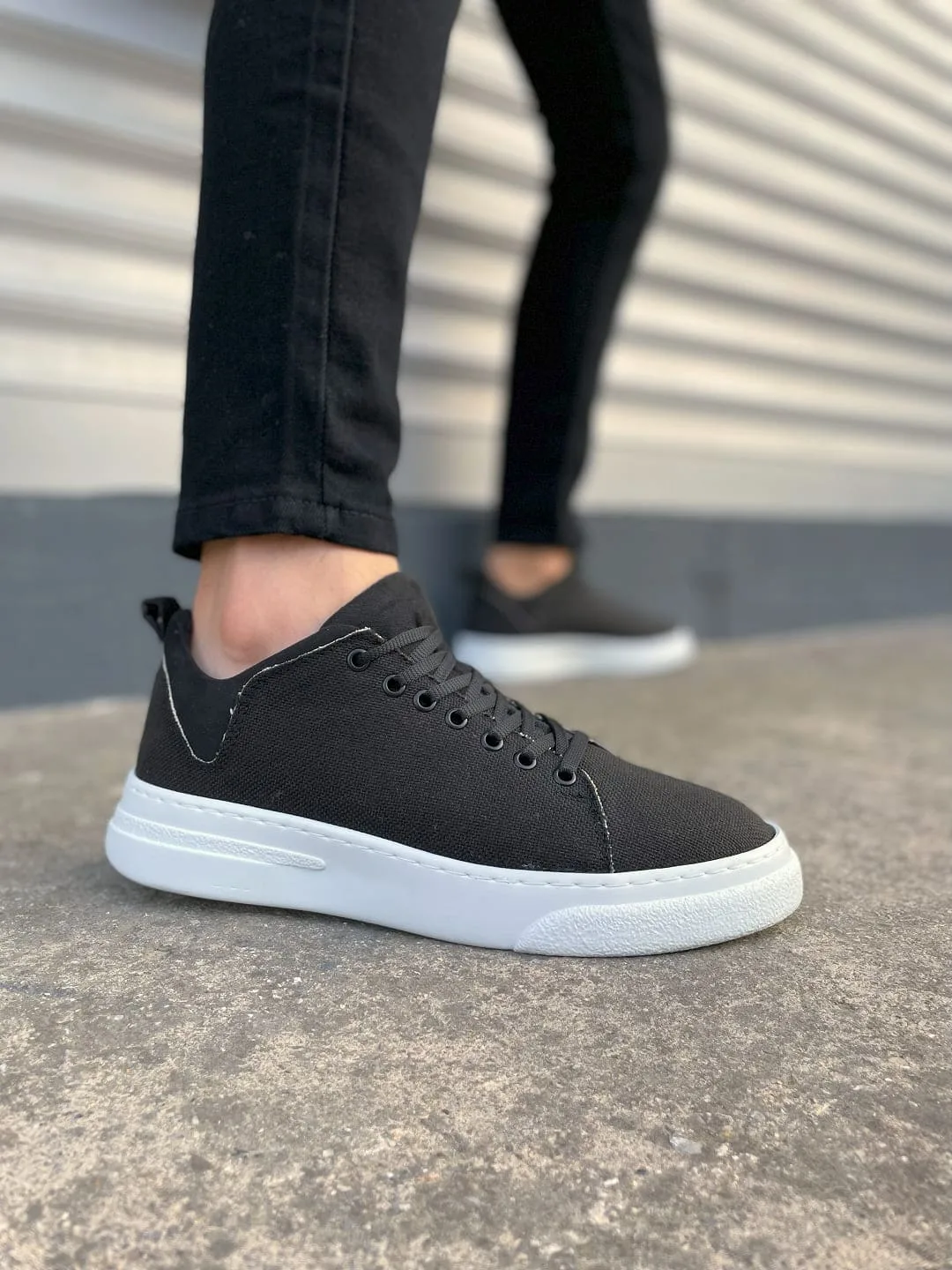 Joy Man JY204 Flex Bağcıklı Keten Kumaş Erkek Günlük Sneaker Siyah-Beyaz