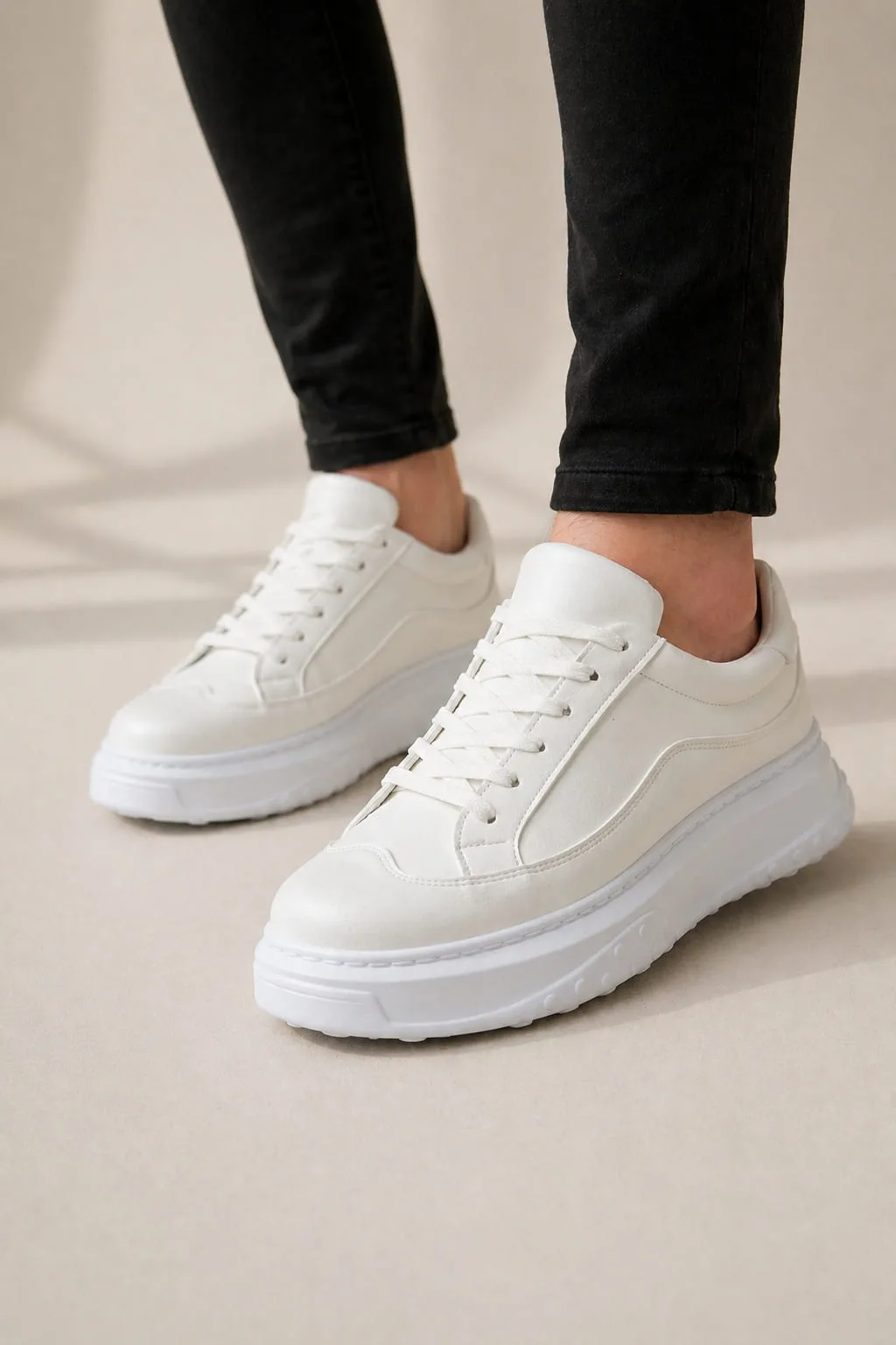 Joy Man JY507 Dara Bağcıklı Cilt Erkek Günlük Sneaker Ayakkabı Beyaz