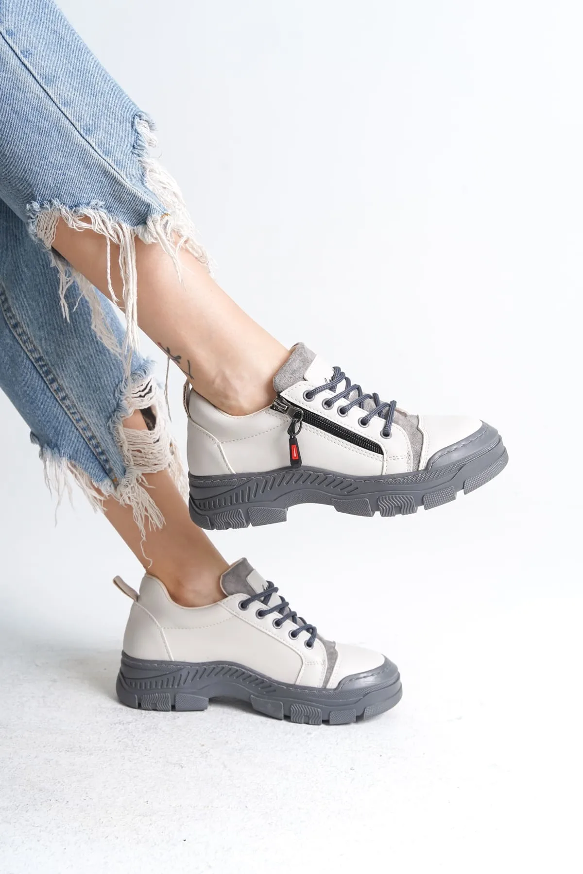 Joy Woman AGATHA Bağcıklı Fermuarlı Ortopedik Taban Kadın Sneaker Krem