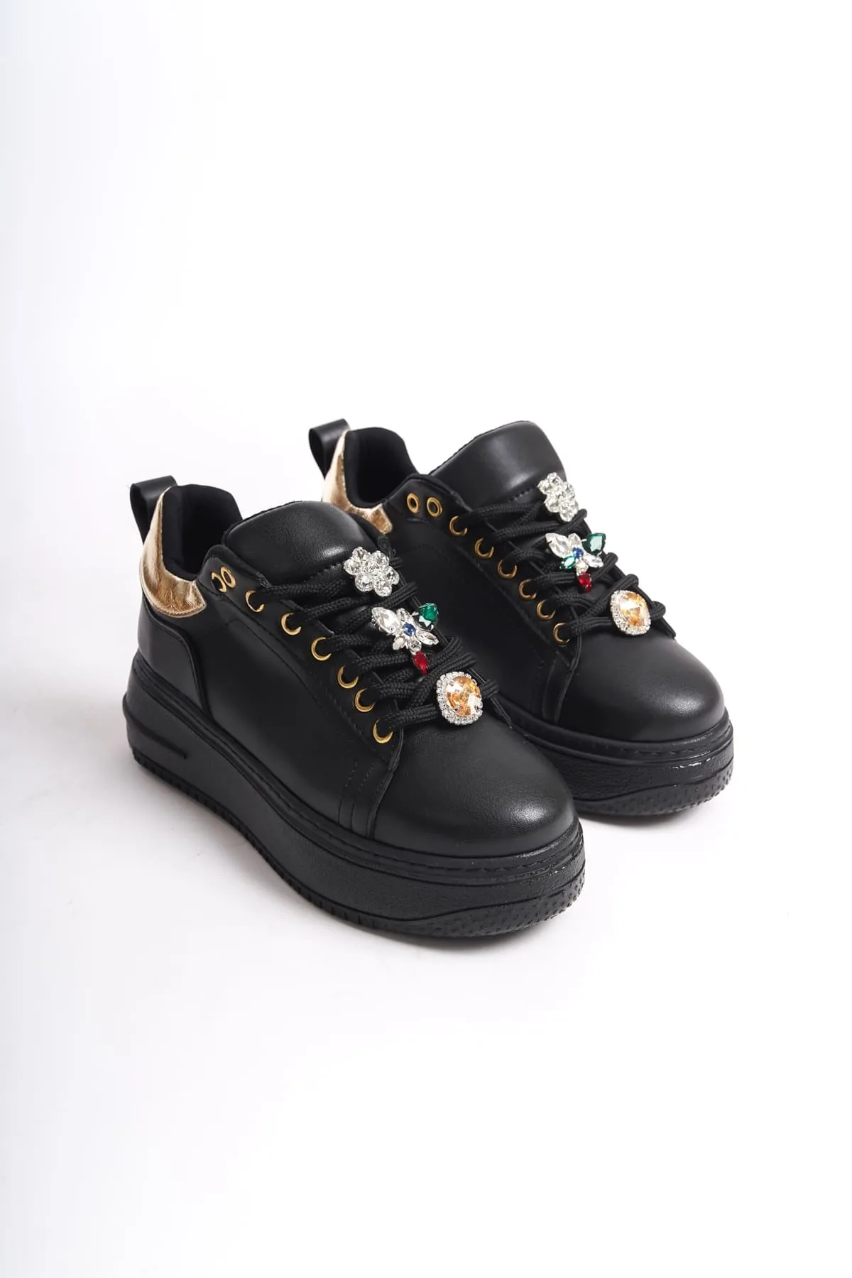 Joy Woman BRIANNA Bağcıklı Ortopedik Taban Kadın Sneaker Siyah Altın