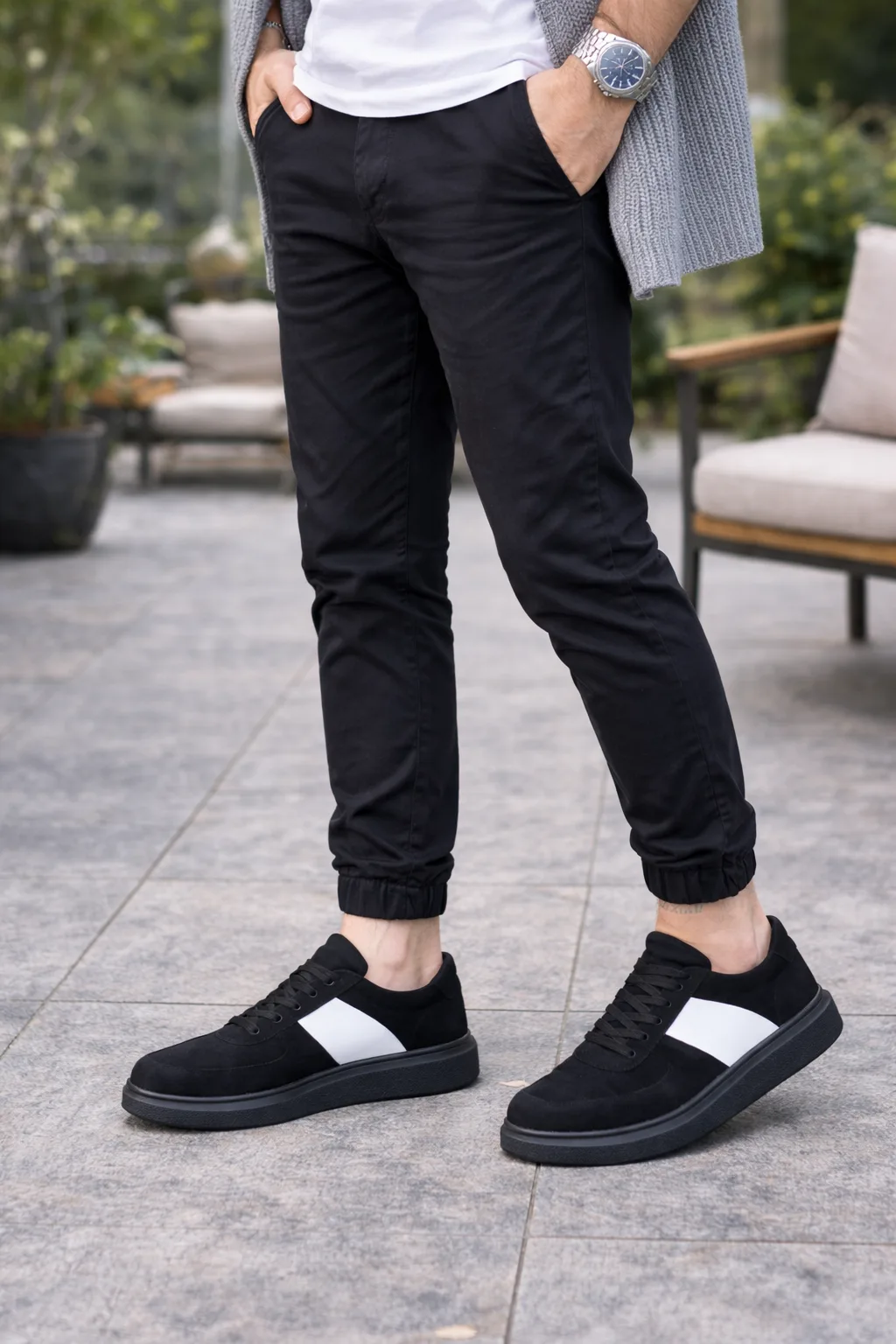 JY011 Line Erkek Günlük Bağcıklı Süet Spor Sneaker Ayakkabı Siyah Beyaz