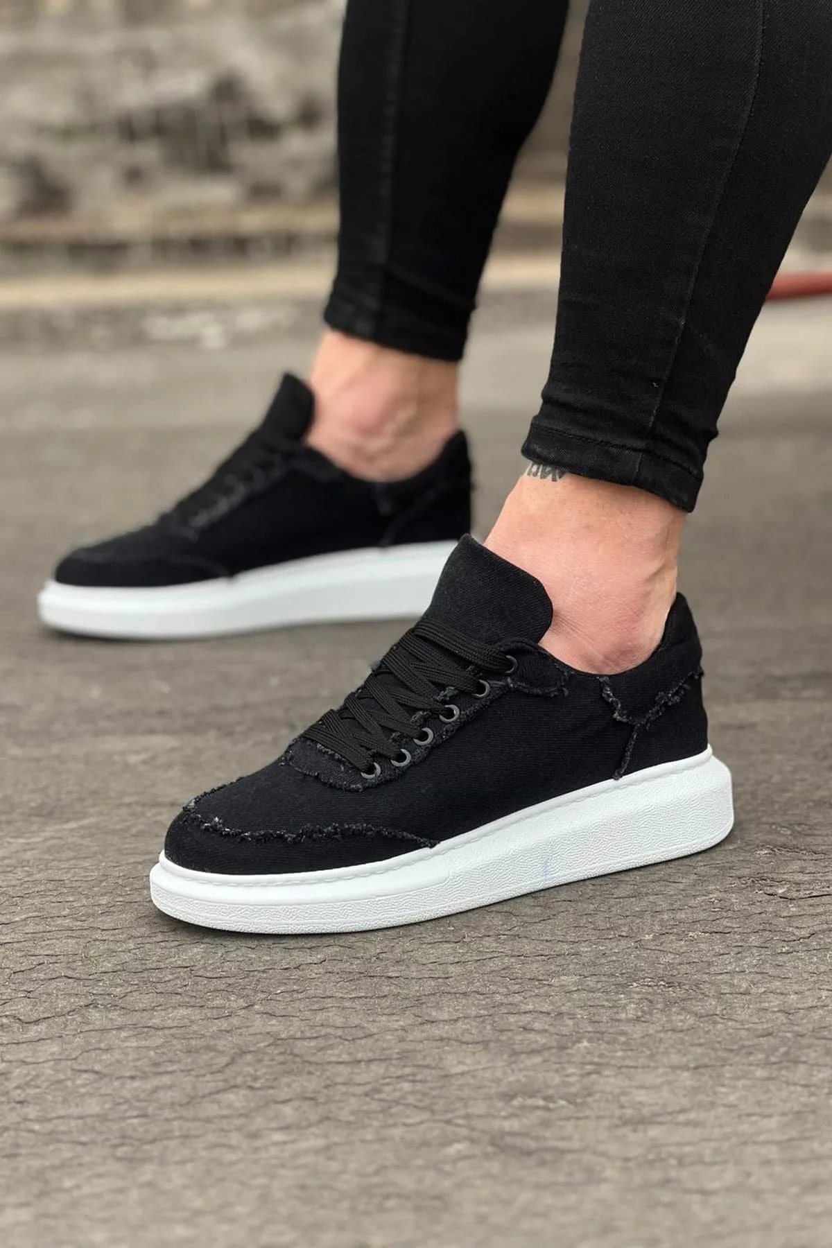 JY018 Dexo Erkek Günlük Bağcıklı Kot Kumaş Sneaker Ayakkabı Siyah