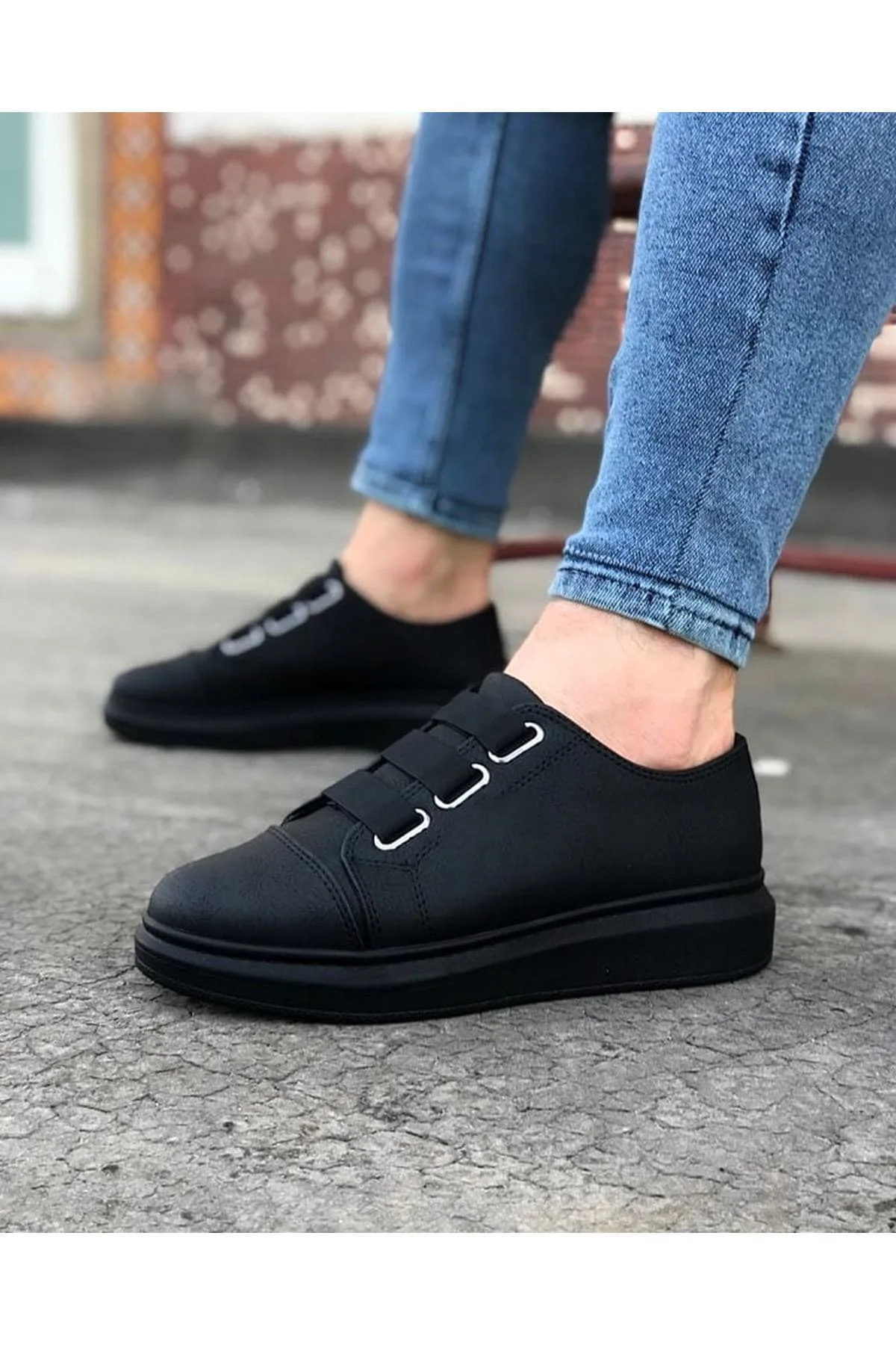 JY026 Astor Erkek Günlük Lastikli Cilt Spor Sneaker Siyah