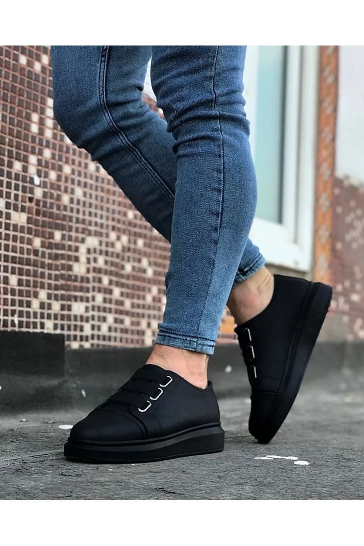 JY026 Astor Erkek Günlük Lastikli Cilt Spor Sneaker Siyah