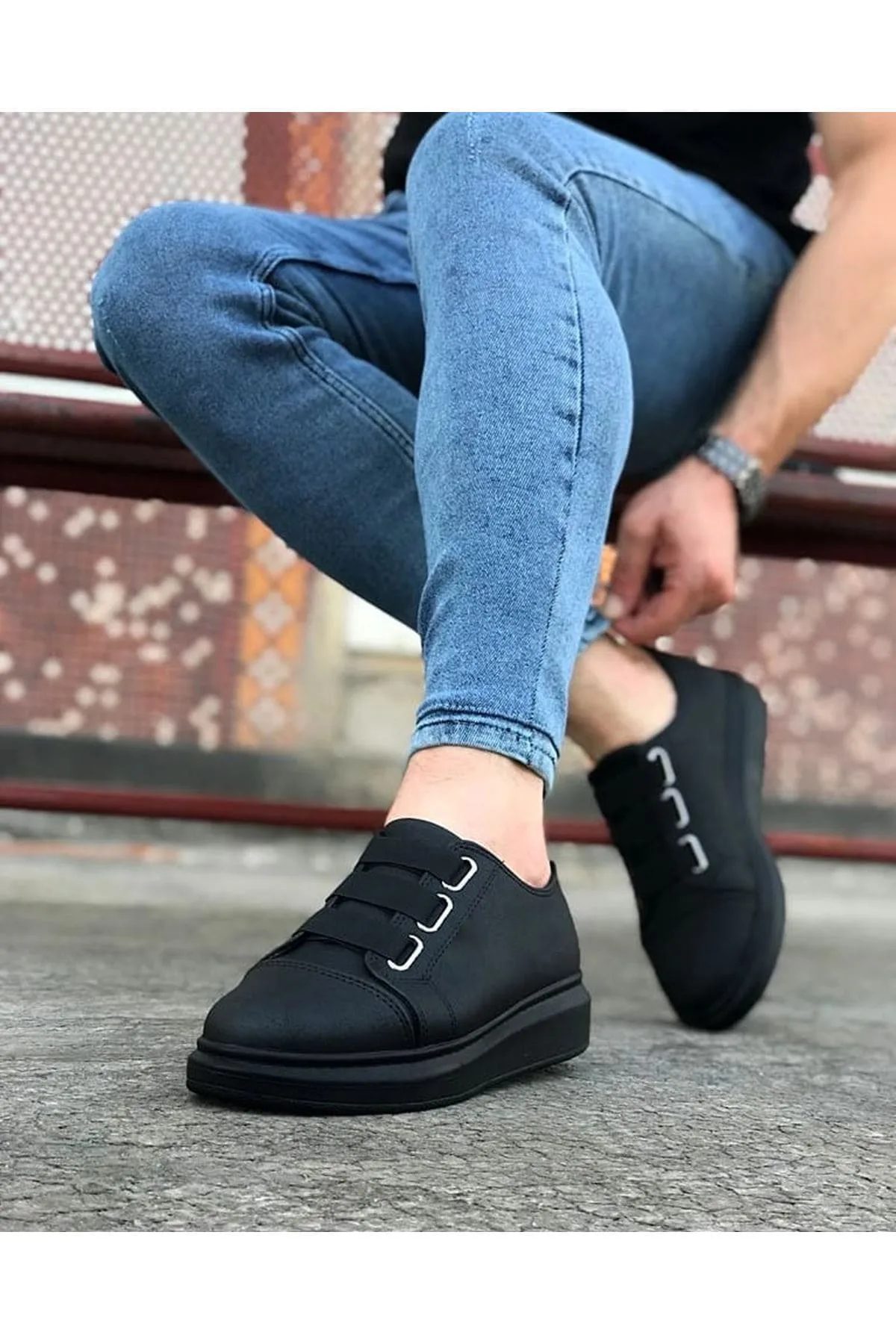JY026 Astor Erkek Günlük Lastikli Cilt Spor Sneaker Siyah
