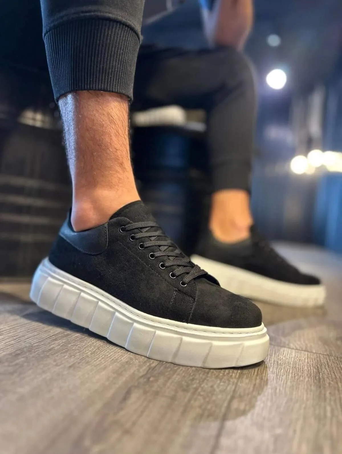 JY144 Volt Bağcıklı Süet Erkek Günlük Sneaker Yüksek Taban Ayakkabı Siyah