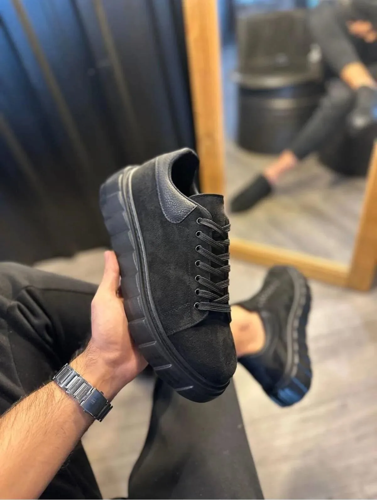JY144 Volt Bağcıklı Süet Erkek Günlük Sneaker Yüksek Taban Siyah