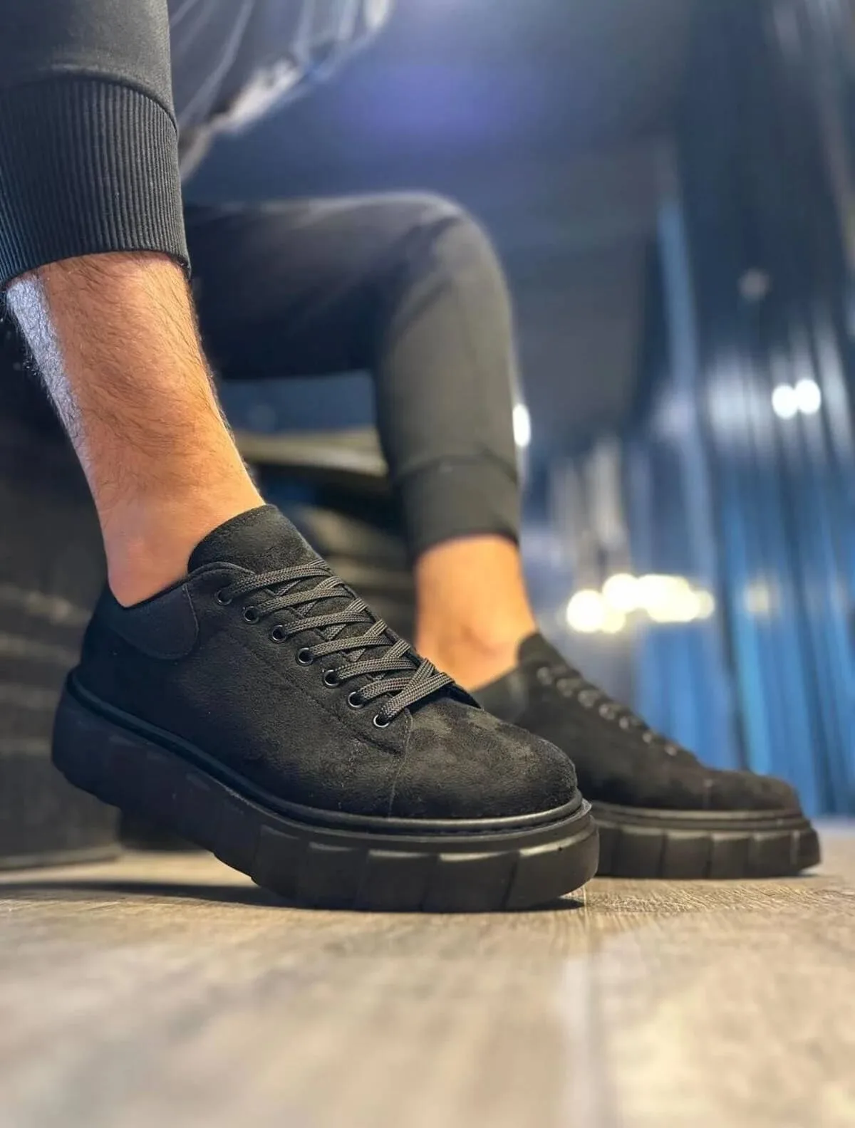 JY144 Volt Bağcıklı Süet Erkek Günlük Sneaker Yüksek Taban Siyah