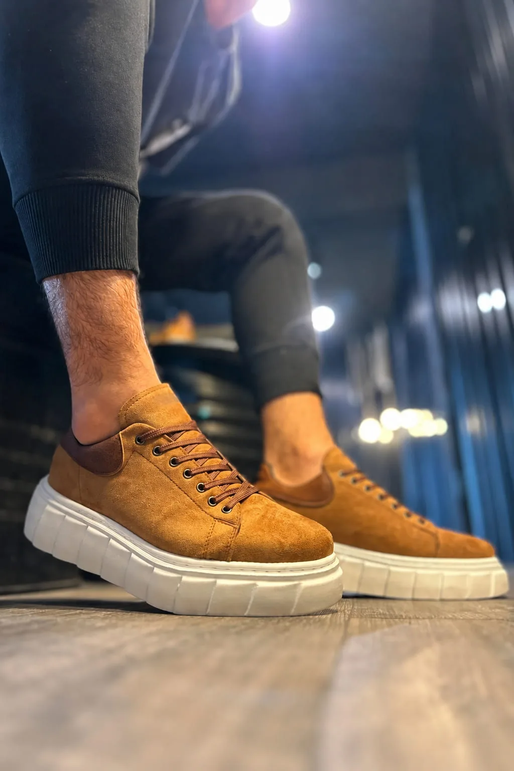 JY144 Volt Bağcıklı Süet Erkek Sneaker Ayakkabı Yüksek Taban Taba