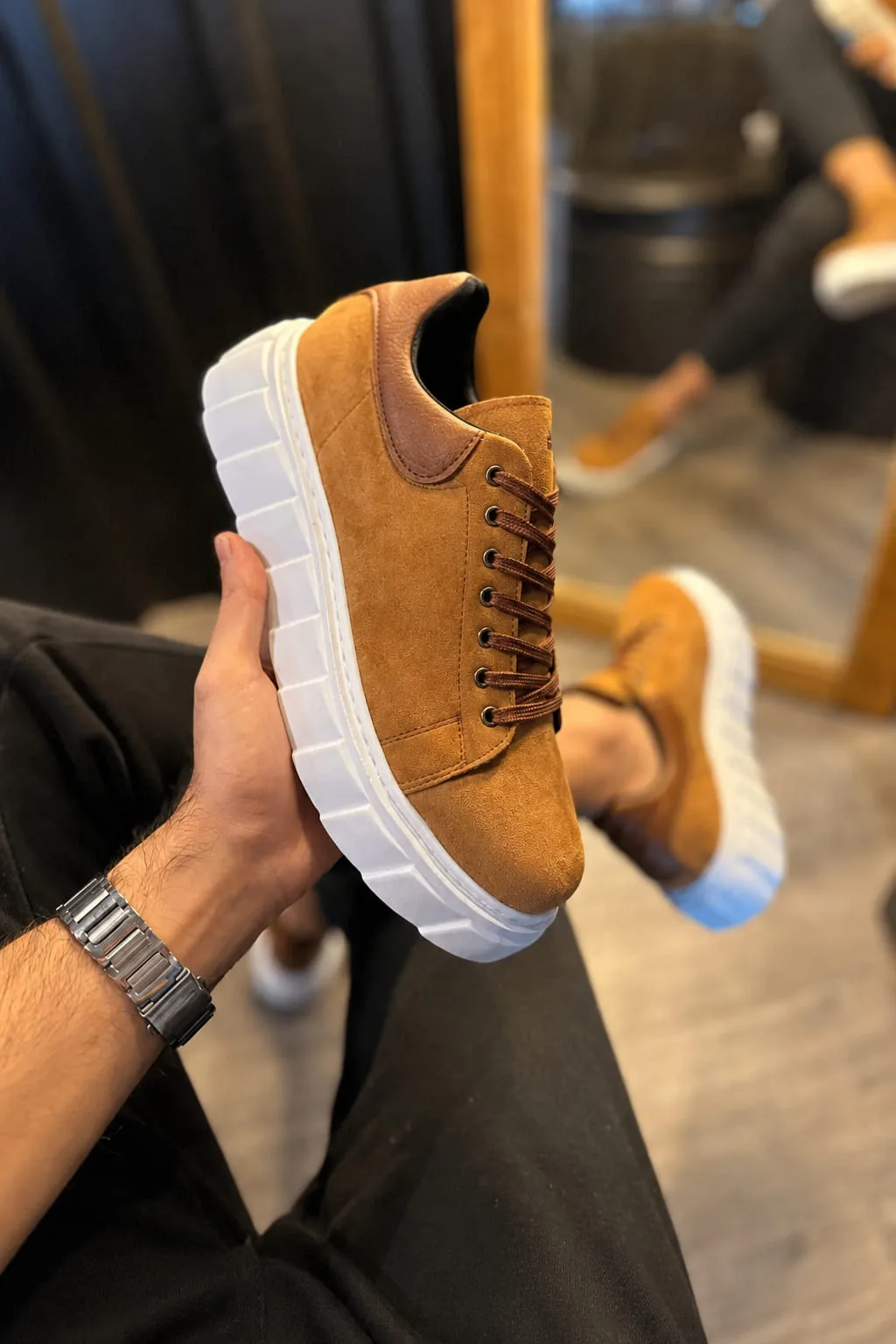 JY144 Volt Bağcıklı Süet Erkek Sneaker Ayakkabı Yüksek Taban Taba