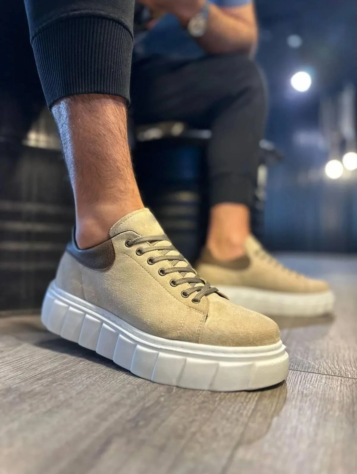 JY144 Volt Erkek Günlük Sneaker Bağcıklı Süet Yüksek Taban Krem
