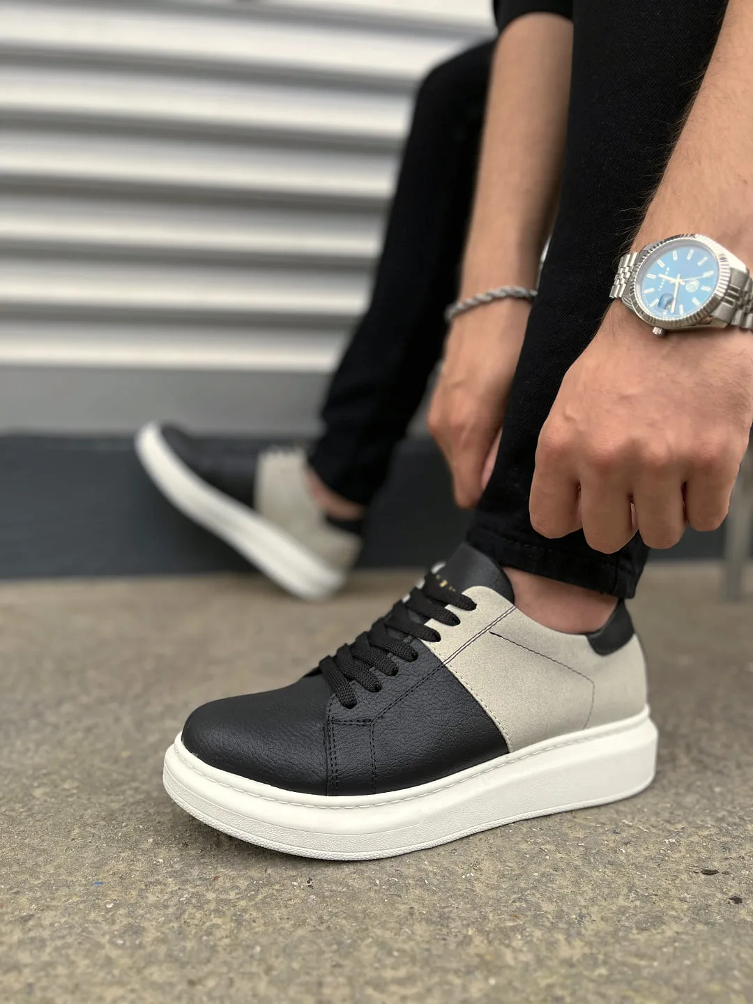 JY151 Boost Bağcıklı Cilt Süet Erkek Günlük Sneaker Ayakkabı Siyah Gri
