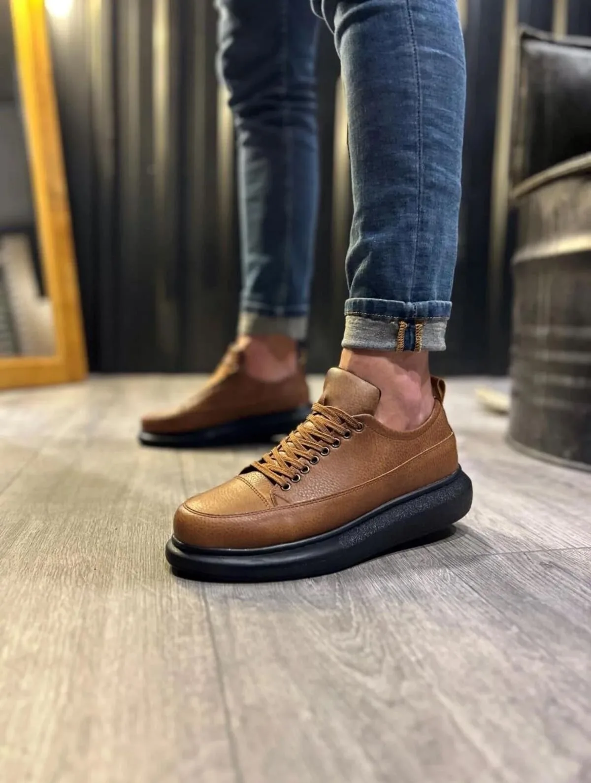JY914 Drake Bağcıklı Cilt Erkek Günlük Sneaker Ayakkabı Taba
