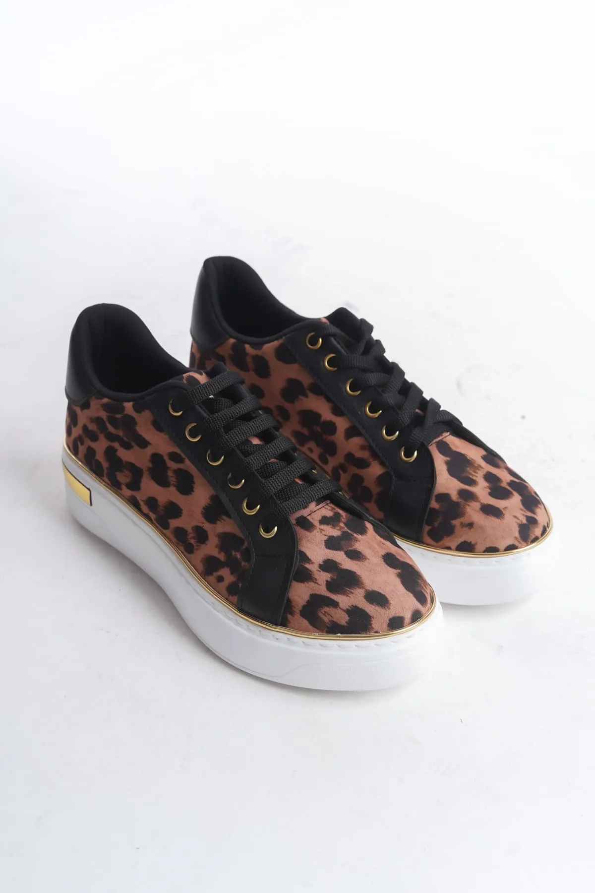 MINA Bağcıklı Ortopedik Taban Leopar Desenli Kadın Sneaker Kahverengi Joy Woman