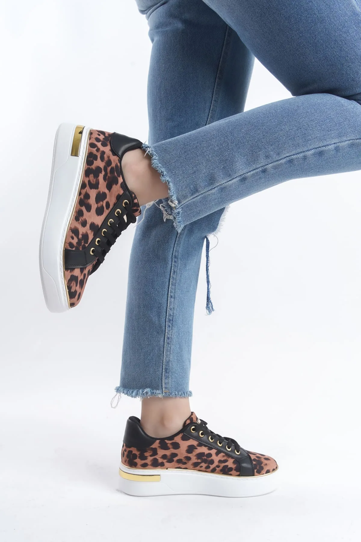 MINA Bağcıklı Ortopedik Taban Leopar Desenli Kadın Sneaker Kahverengi Joy Woman