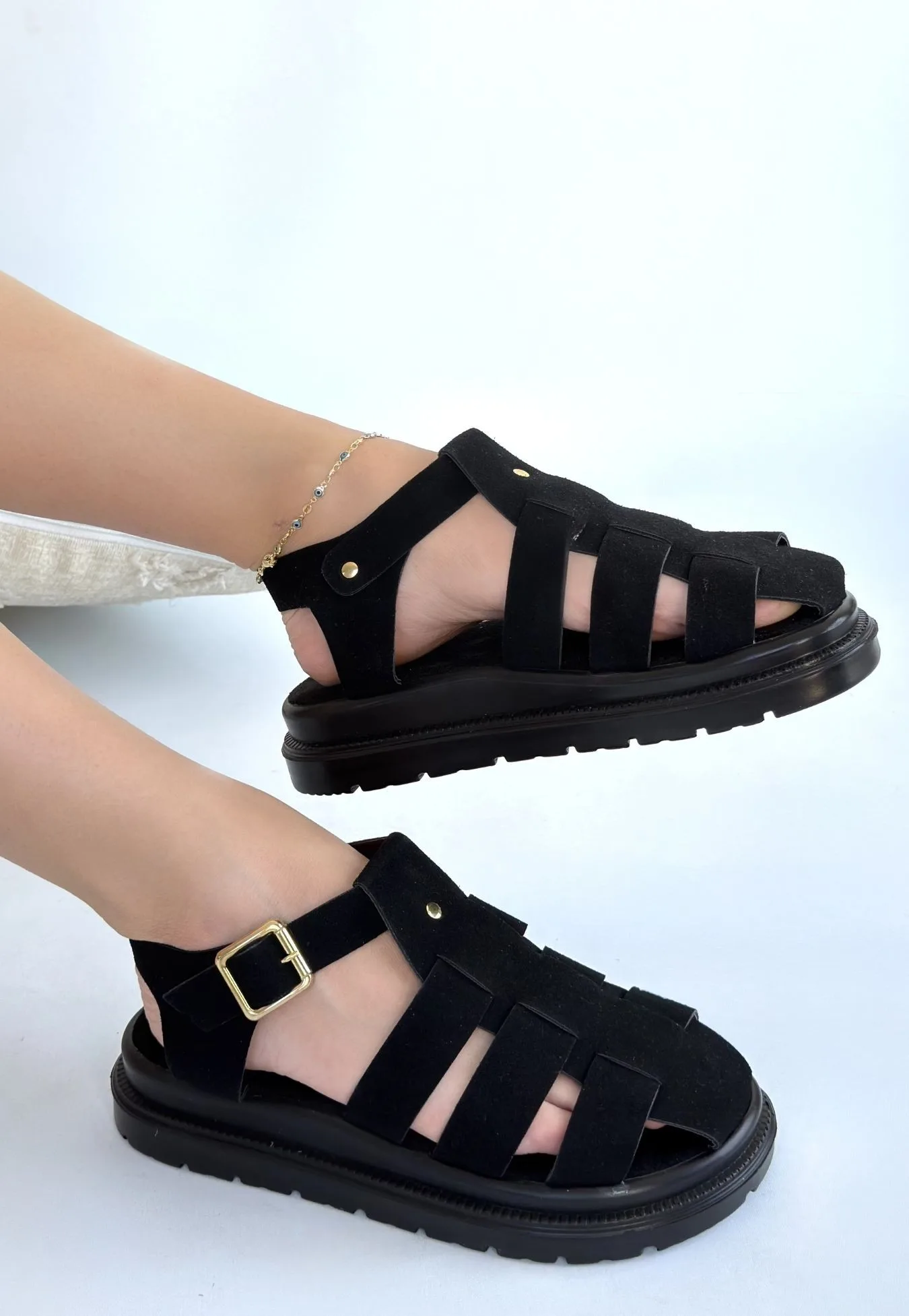 Tenra Siyah Süet Kemerli Sandalet Ortopedik Poli Taban 3 Cm Topuk
