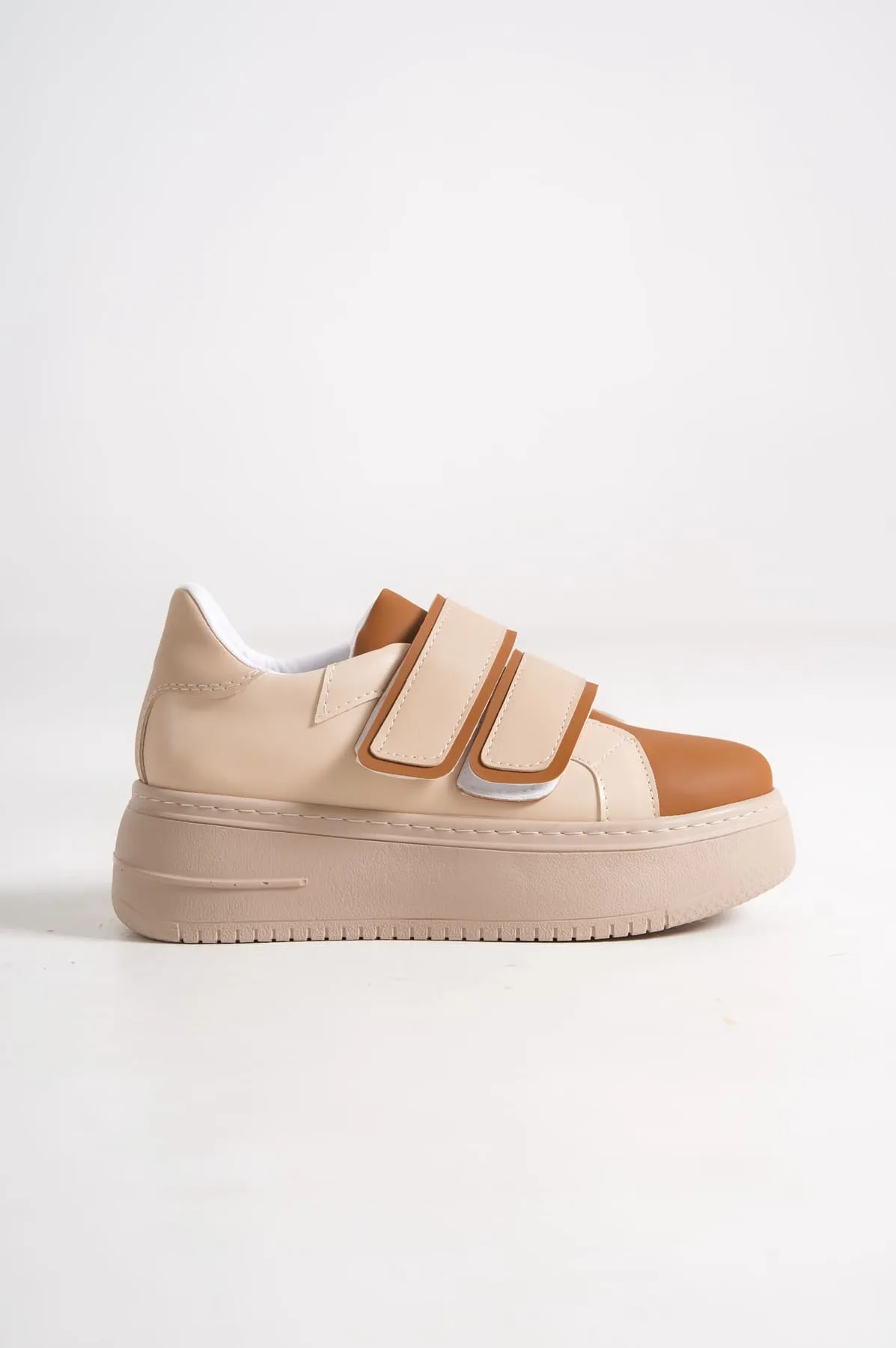 VALENCIA Bağcıksız Cırt Cırtlı Ortopedik Kadın Sneaker - Ten/Kahve